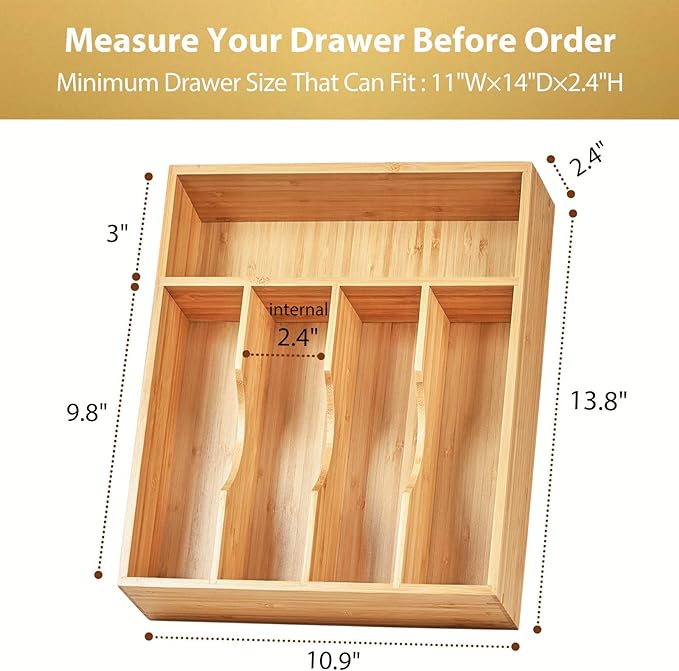 Umilife Bamboo Kitchen Drawer Organizer, 11 Inch Silverware Utensils Tray Holder with Grooved Dividers, 2.4" High Wood Caddy for Flatware Cutlery Knives-Ruum Studio Home
