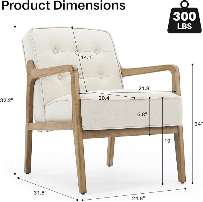 Linen Accent Chair Set of 2, Mid Century Modern Chair for Living Room, Upholstered Comfy Lounge Armchair with Solid Wood Frame, Reading Side Chair for Bedroom,105°Ergonomic Comfort, White-Ruum Studio Home