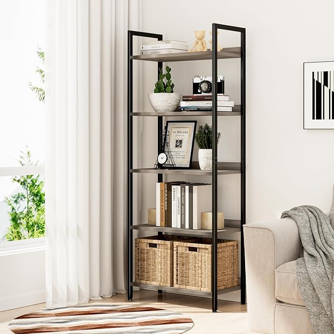 NUMENN Bookshelf, 5 Tier Bookshelves, Home Office Bookcase Shelf Storage Organizer, Free Standing Storage Shelving Unit for Bedroom, Living Room and Home Office, Grey-Ruum Studio Home