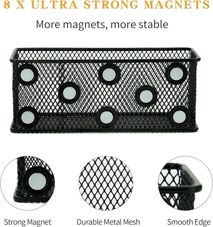 Neudeco Magnetic Locker Organizer and Accessories，Wire Mesh Magnetic Storage Basket ,Magnetic Holder for Dry Erase Markers,Strong Magnet Pen Holder for Fridge School,Pack 3 (Black)-Ruum Studio Home