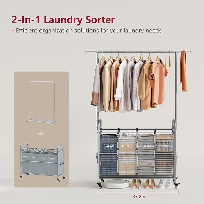 Tajsoon Laundry Sorter with Hanging Bar, 4 Section Rolling Laundry Hamper with Heavy Duty Lockable Wheels, Laundry Sorter Cart for Bathroom & Bedroom, Gray-Ruum Studio Home