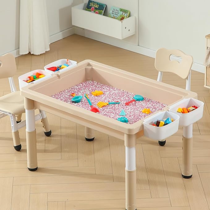 Multi Functional Kids Table and 2 Chairs Set, Graffiti & Building Blocks Double-Sided Tabletop, Toddler Play Table with Drawers, Large Storage Space, Gift for Boys/Girls, Burlywood-Ruum Studio Home