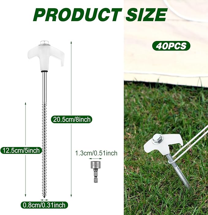 Hicarer 40 Pcs 20 Pcs 8'' Screw in Tent Stakes Heavy Duty Ground Metal Stakes for Inflatables with Hex Head Driver for Outdoor Camping Tent Inflatable Garden Decor (Luminous White)-Ruum Studio Home