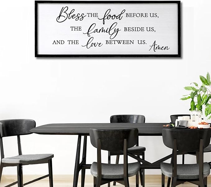 Bless the Food Before Us, the Family Beside Us, and the Love between us Framed Wall Art for Christian God Jesus Christ Prayer, 40''×15'' Positive Holy Religious Rustic Bible Verse for Dining Room-Ruum Studio Home