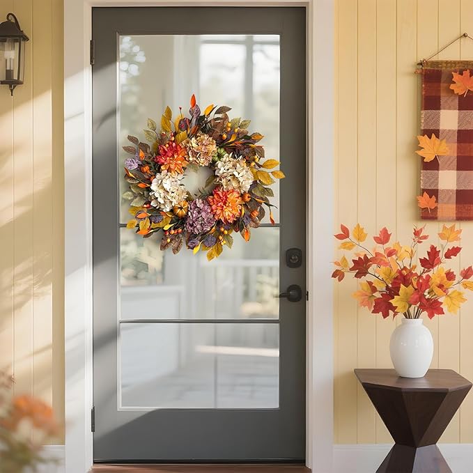 24Inch Fall Wreaths for Front Door,Fall Wreath with Beige Hydrangea,Orange Dahlia Artificial Flowers,Pumpkins,Autumn Wreaths for Harvest Thanksgiving Halloween Indoor Outdoor Home Decor-Ruum Studio Home