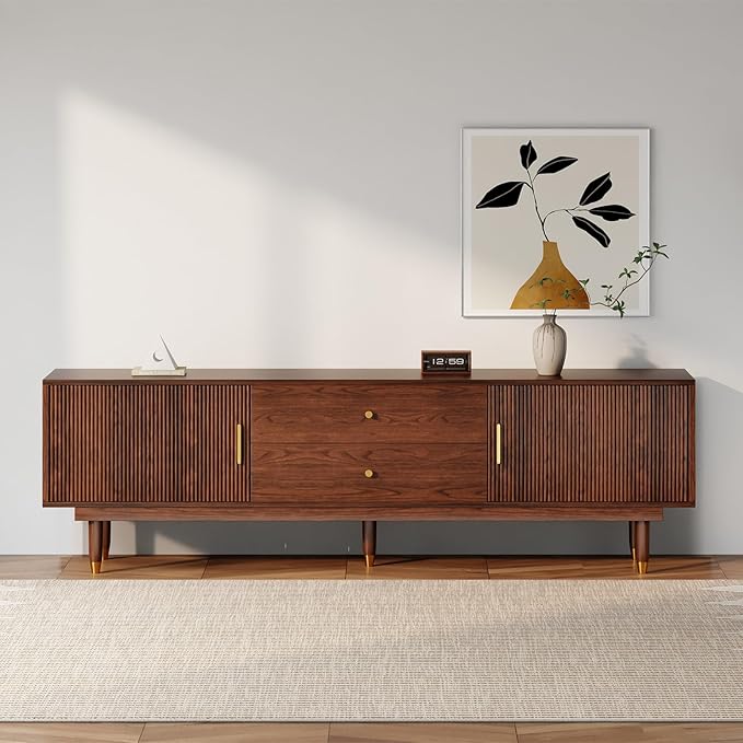 Mid Century Modern TV Stand for 75 inch TV, 70.9" Walnut TV Console with 2 Storage Cabinet & 2 Drawers, Entertainment Center, Media Console for Living Room/Bedroom-Ruum Studio Home
