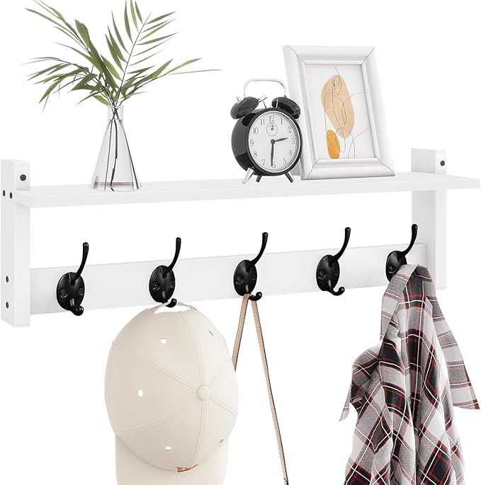 Homode Coat Rack with Wall Shelf and Hooks - 24 Inch Long, Wooden Hanging Coat Hanger with Hat Shelf for Entryway, Bathroom, Mudroom, White-Ruum Studio Home