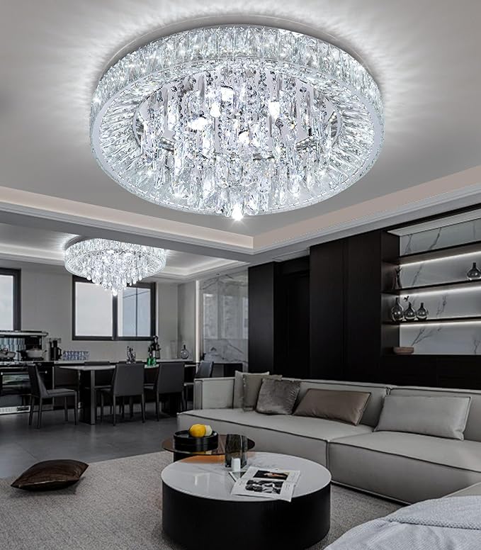 23.6'' Modern Crystal Chandeliers LED Dimmable Flush Mount Ceiling Chandeliers for Living Room Entrance Foyer Bedroom Silver-Ruum Studio Home