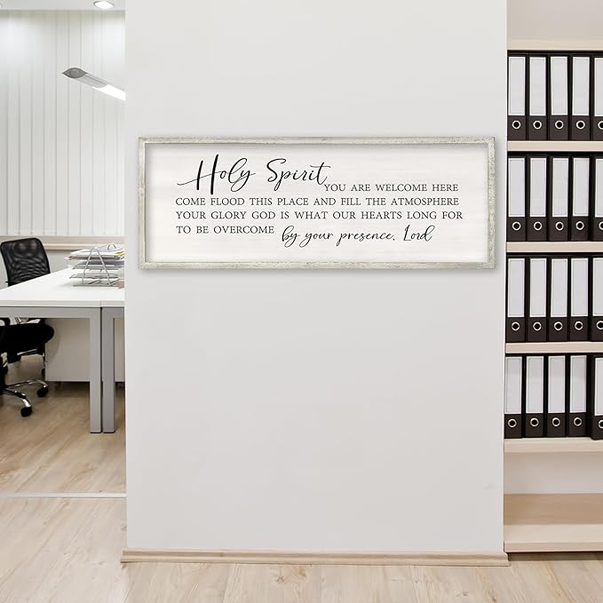 Holy Spirit You are Welcome Here Wall Decor Art 40x15 Inch Large Christian Song Bible Verse Plaque Wood Framed Sign Living Room Scripture Quote Religious For Office Wall Hanging (White)-Ruum Studio Home