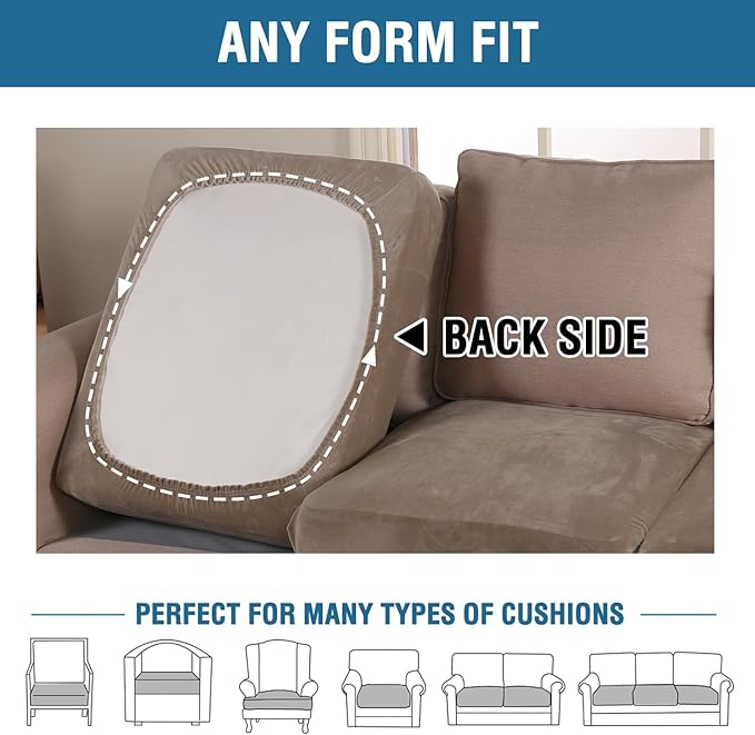H.VERSAILTEX Velvet Stretch Couch Cushion Cover Plush Cushion Slipcover for Chair Loveseat Sofa Cushion Furniture Protector Seat Cushion Sofa Cover (3 Piece Sofa Cushion Covers, Mocha)-Ruum Studio Home