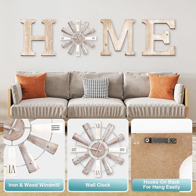 Farmhouse Home Signs with Windmill Clock Wall Decor Rustic Home Letters Wall Art for Living Room Kitchen Entryway Dining Room Bedroom (water-white)-Ruum Studio Home