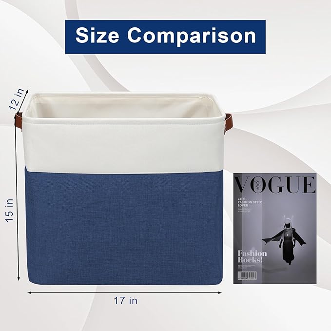 Large Fabric Storage Baskets | 50L Storage Bins, Decorative Linen Closet Baskets with Handles for Organizing, Shelf, Toys, Clothes, Home, Office, Nursery, 17x12x15Inches (Navyblue&White)-Ruum Studio Home