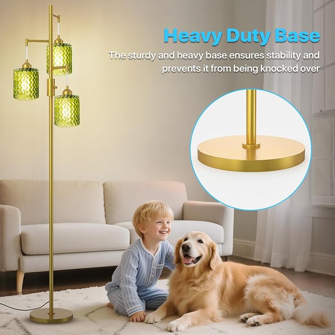 Gold Floor Lamp for Living Room, Vintage 3-Light Green Glass Standing Lamp, Brass Base Mid Century Modern, Retro Tree Design Tall Floor Lamps-Ruum Studio Home