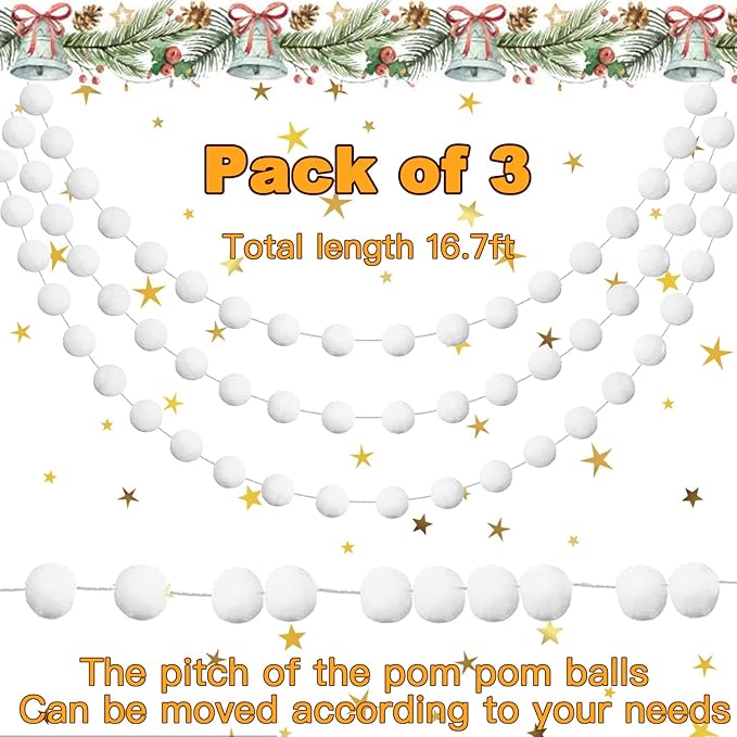 Jishi 3pk White Felt Pom Pom Garland Christmas Tree Decorations Indoor Home Decor, Cute Winter Wonderland Snow Ball Ornaments, Hanging String Pompom Snowball Beads, Xmas Holiday Birthday Party Banners-Ruum Studio Home