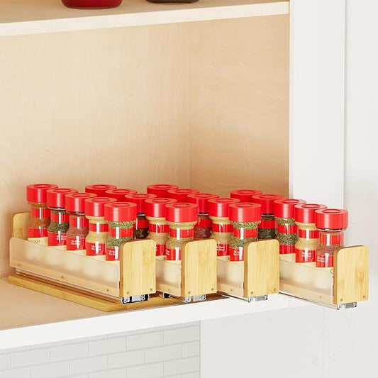 SpaceAid Bamboo Pull Out Spice Rack Organizer for Cabinet, Heavy Duty Slide Out Seasoning Kitchen Pantry Sliding Vertical Organization, 10.1" Wide, 4 Drawers(2" Wide), 1-Tier, Natural-Ruum Studio Home