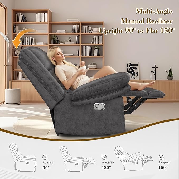Recliner Chair for Adults, Oversized Manual Pull Tab Reclining Chair, 2-Tier Cushions, Minimalist Style Single Sofa for Living Room, RV (Polished Microfiber)-Ruum Studio Home
