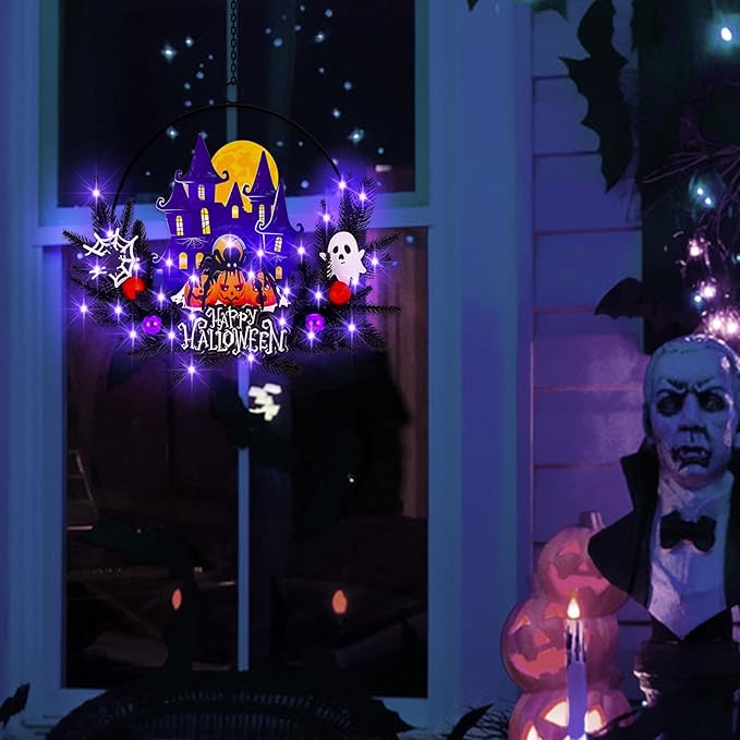 Lighted Halloween Wreaths for Front Door, Welcome Metal Wooden Door Wreath Decor Hanging Sign, 30 LED Lighted Wall Decor Battery Operated for Halloween Indoor Outdoor (Spider)-Ruum Studio Home