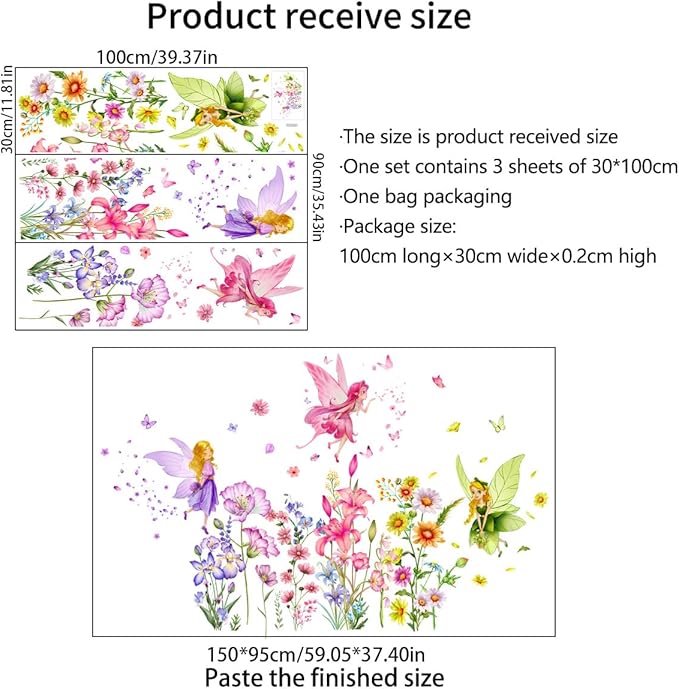 Set of 3 Sheets Size 40x12 Inch Spring Summer Window Cling Sticker Angels, Flowers, and Butterfly Window Stickers, Spring and Summer Decor, Wall, Window Glass Display Stickers (Fairy Theme)-Ruum Studio Home