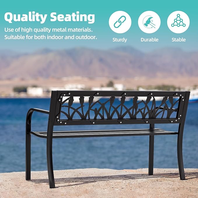 AVAWING Outdoor Bench, 2-Person Garden Benches for Outside, Metal Frame Patio Seating with Floral Pattern Backrest, Armrests for Lawn, Park, Porch, Entryway, Black-Ruum Studio Home
