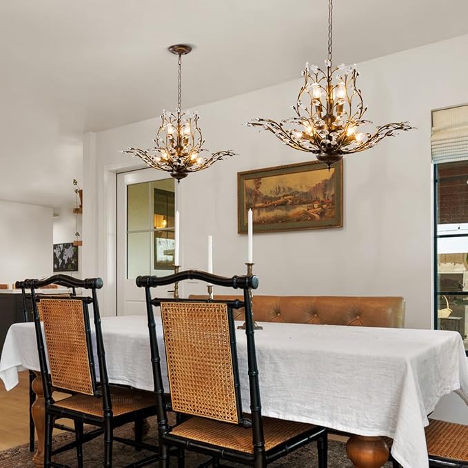 Vintage Farmhouse Chandelier 8-Light Crystal Branch Pendant Lights for Living Room Dining Room Porch Kitchen Island Bedroom Restaurant, Aged Bronze-Ruum Studio Home