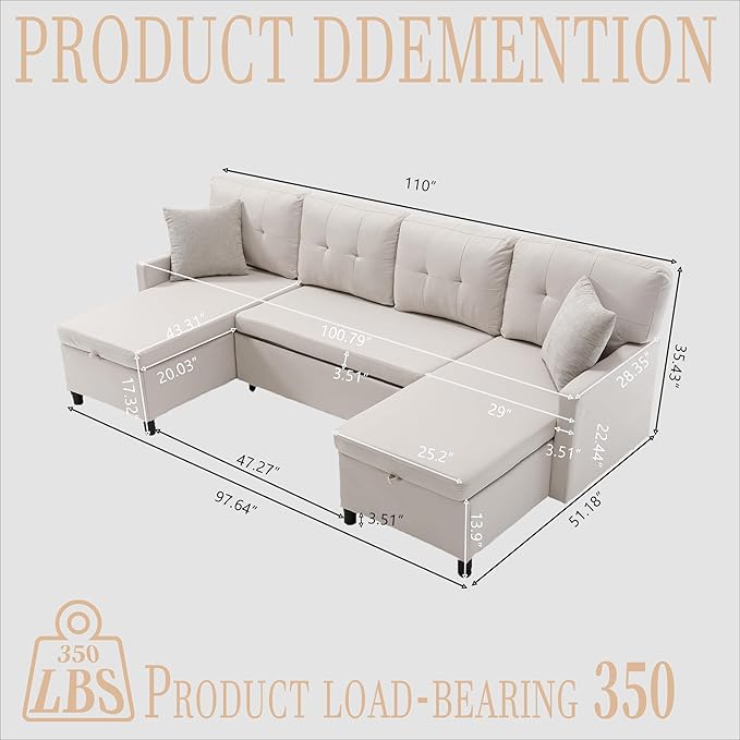 Pull Out Couch, Oversized Sleeper Sofa Couch, Sectional Sleeper Sofa Bed for Living Room Bedroom Lounge (Beige, 110 Inch)-Ruum Studio Home