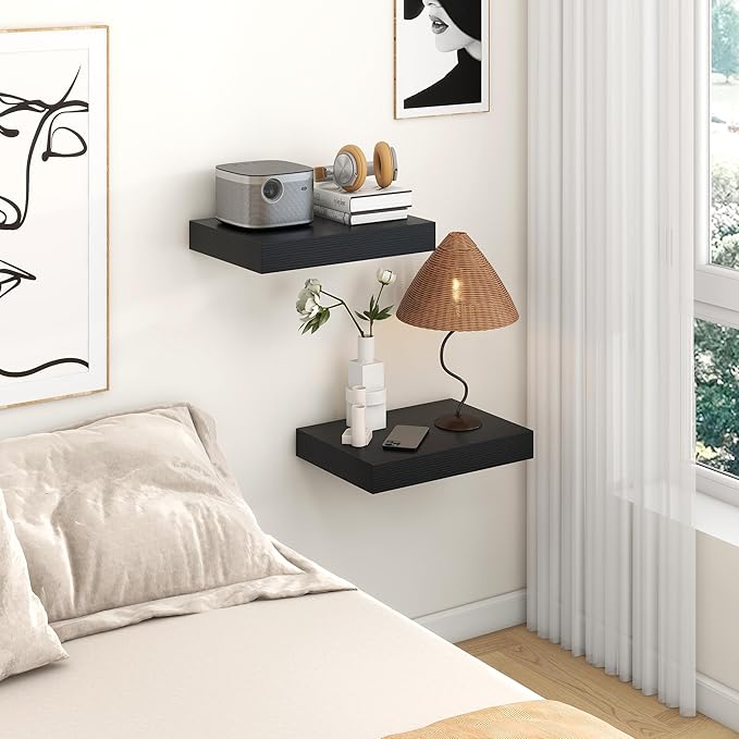 Black Deep Floating Shelves for Wall | 16 Inch Wide x 12 Inch Deep Floating Shelves Set of 2 | Rustic Wood Wide Wall Shelves | Bookshelf Laundry Shelf TV Shelf-Ruum Studio Home