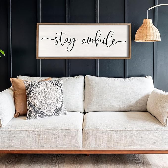 Stay Awhile Sign Wall Decor 40"X15" Large Solid Wood Frame For Hallway Living Room Entryway Farmhouse Wall Art Lets Stay Family Home Rustic Hanging Decoration (Wood)-Ruum Studio Home