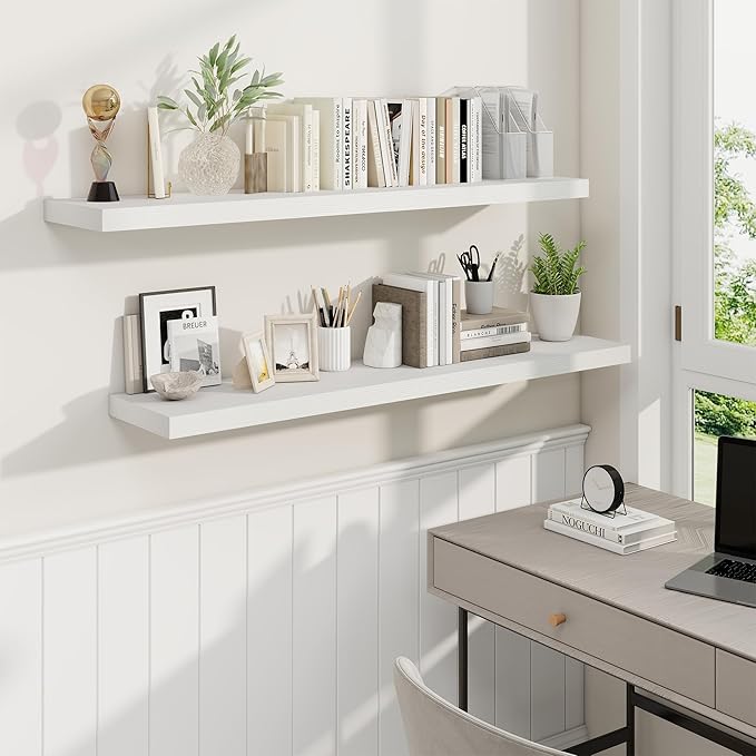 Fun Memories 48 Inch Deep Floating Shelves for Wall, 2 Pack of Long Wall Mounted Wood Shelves with Invisible Brackets for Bathroom, Bedroom, Living Room, Kitchen Decor and Storage, White-Ruum Studio Home