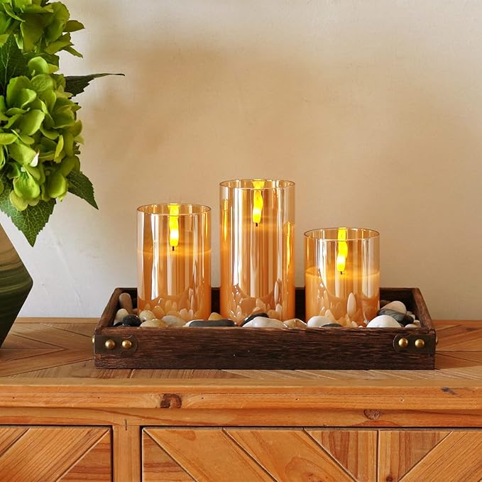 Homemory Amber Glass Flameless Candles, Battery Operated LED Pillar Candles with Remote Control and Timer, Radiance Candles, Real Wax, Set of 3,D3 xH4 5" 6"-Ruum Studio Home