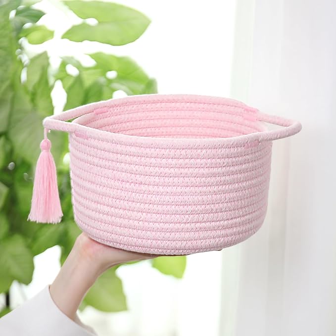 Small Cute Empty Gift Basket Little Woven Rope Organizer Baskets for Baby Shower Gifting, Makeup Brushes Holder, Bathroom- Decorative Vanity Storage Bins - 2 Pack, Pre-Shaped, Pastel Pink-Ruum Studio Home