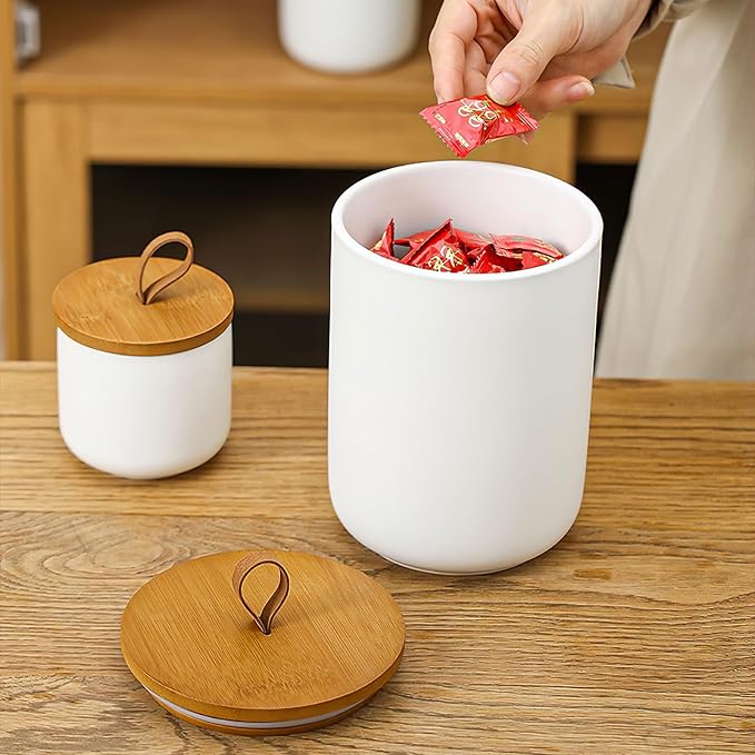 Ceramic Canisters Sets for Kitchen, Airtight Canister with Bamboo Lid, Ceramic Coffee Canister Kitchen Canisters for Countertop, Flour and Sugar Containers for Food Storage Jars, White, Set of 3-Ruum Studio Home