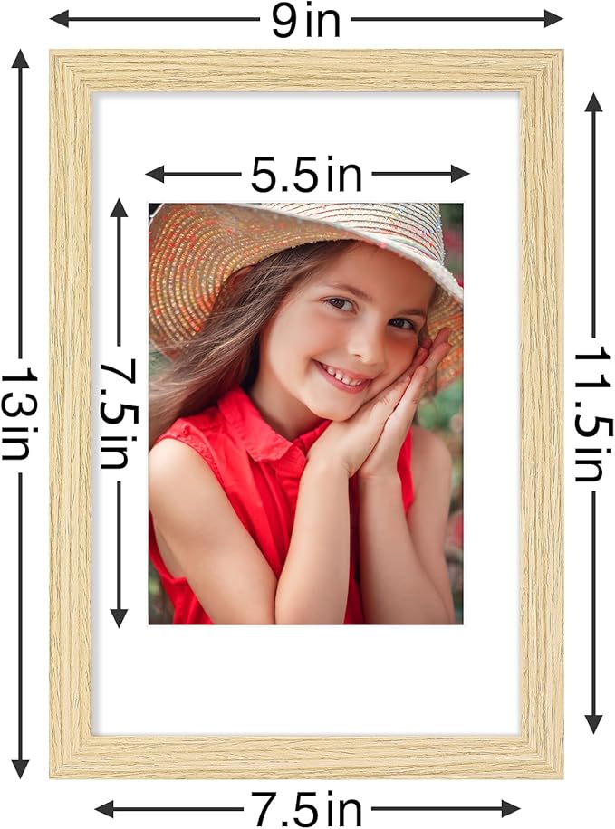 Vittanly 8x12 Picture Frames Set of 9, Shatter Resistant Plexiglass, Display 6x8 Pictures with Mat or 8x12 without Mat, Photo Frames for Wall or Tabletop, Engineered Wood, OAK-Ruum Studio Home