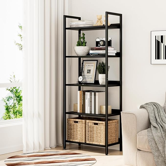 NUMENN Bookshelf, 5 Tier Bookshelves, Home Office Bookcase Shelf Storage Organizer, Free Standing Storage Shelving Unit for Bedroom, Living Room and Home Office, Black-Ruum Studio Home