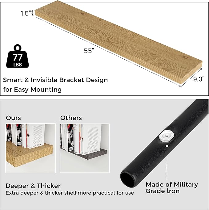Floating Shelves for Wall, Large Wall Mounted Shelves with Invisible Brackets, Long Wood Floating Shelf for Living Room, Bedroom, Kitchen, Bathroom (Oak, 55" W x 9" D x 1.5" H)-Ruum Studio Home