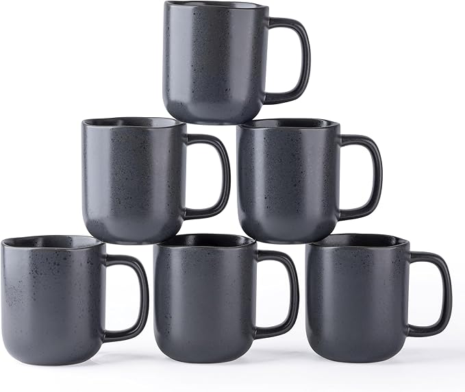 AmorArc 14oz Coffee Mugs Set of 6, Ceramic Coffee Mugs with Large Handle & Wavy Rim for Latte/Hot Cocoa/Tea, Stylish Coffee Cups for Men Women. Oven,Dishwasher&Microwave Safe, Dark Gray-Ruum Studio Home