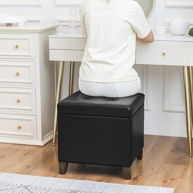 Adeco Faux Leather Storage Ottoman Bench with Solid Wood Legs, 17.7" Square Black PU Cube Foot Stool, Upholstered Button Tufted Vanity Chair with Hinged Lid for Living Room, Bedroom, Dorm-Ruum Studio Home
