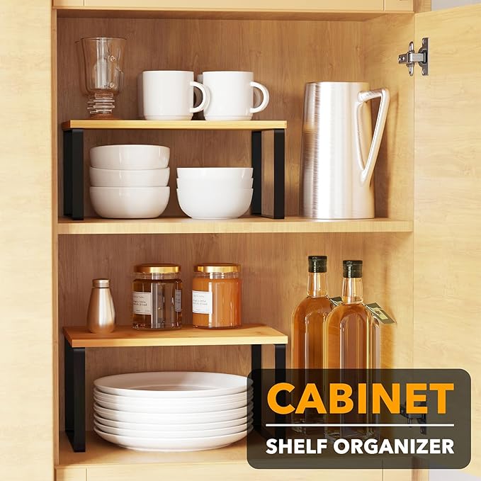 SpaceAid Cabinet Shelf Organizers 2 Pack, Kitchen Counter Rack Shelves Riser, Stackable Expandable Spice Rack, Pantry Cupboard Storage Organization (Black and Natural, Short)-Ruum Studio Home