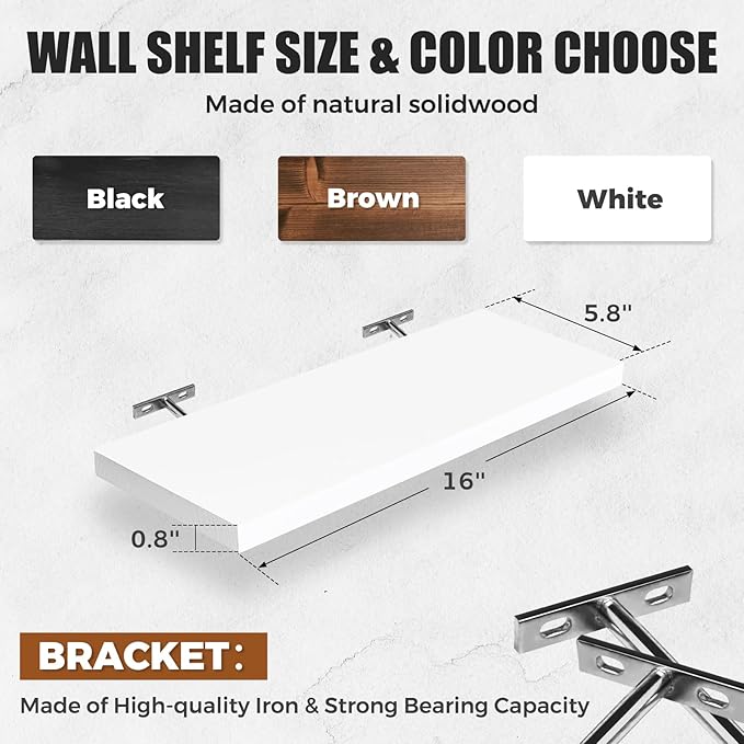 Floating Wall Shelves 4-Pack - Rustic White 16-inch Wooden Wall Shelves for Storage and Décor, Multi-Functional and Easy to Install for Living Room, Bedroom, and Kitchen-Ruum Studio Home