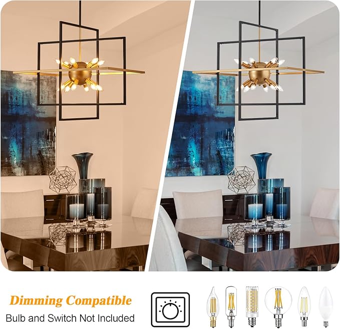31.5'' Large Modern Lantern Chandeliers, 12-Light Black Gold Geometric Pendant Light Fixture, Industrial Hanging Chandelier for Entryway Foyer Hallway Dining Room, Kitchen Island-Ruum Studio Home