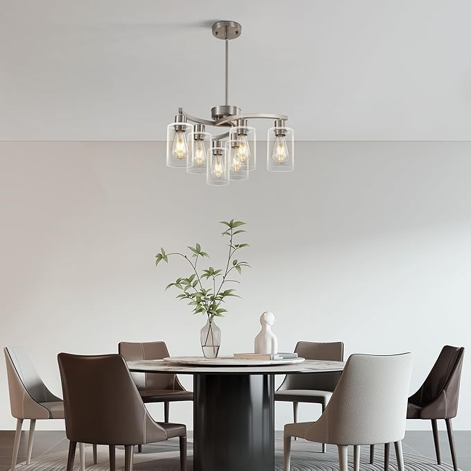 6 Light Modern Brushed Nickel Pendant Light Fixture For Dining Room，Contemporary Kitchen Light Fixtures Brushed Nickel，Adjustable Height Farmhouse Dining Chandeliers Over Table，With Glass Shade-Ruum Studio Home