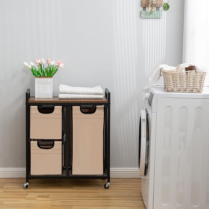 Laundry Basket Organizer - Hampers with 3 Compartments, Sliding Laundry Sorter Bags, Top Storage Shelf, Metal Frame-Ruum Studio Home