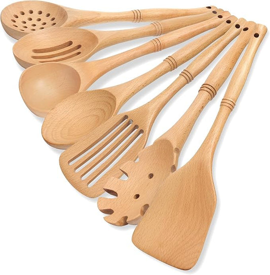 comfoyar Wooden Spoons for Cooking, 7 Pieces Kitchen Cooking Utenails Set with Spatula and Ladle, Heat Resistant Kitchen Cookware for Nonstick Pan-Beech-Ruum Studio Home
