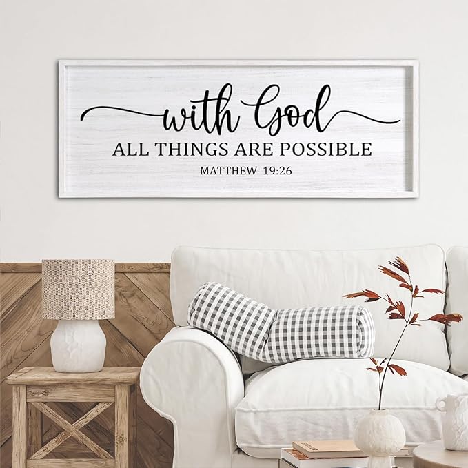 With God All Things are Possible Framed Wall Art, 40''×15'' White Holy Religious Rustic Bible Verse for Christian God Jesus Christ Prayer, Positive Horizontal Inspirational Catholic Scripture Decor-Ruum Studio Home
