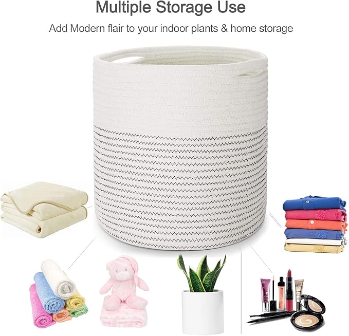 Woven Cotton Rope Plant Basket for 11 12" Flower Pot Floor Indoor Planters, Decor Basket for Plants Storage Organizer Modern Home Decor (12" x 12", White)-Ruum Studio Home