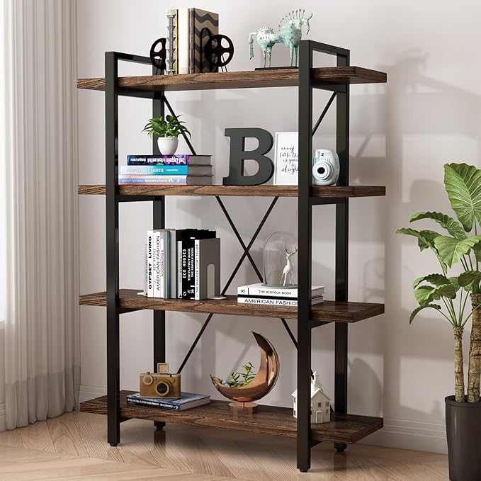 4 Tier Bookshelf Solid Wood Bookcase and Book Shelves Wood and Metal Shelving Rustic Open Bookshelf Office,Distressed Brown (AY-02-4Tier)-Ruum Studio Home