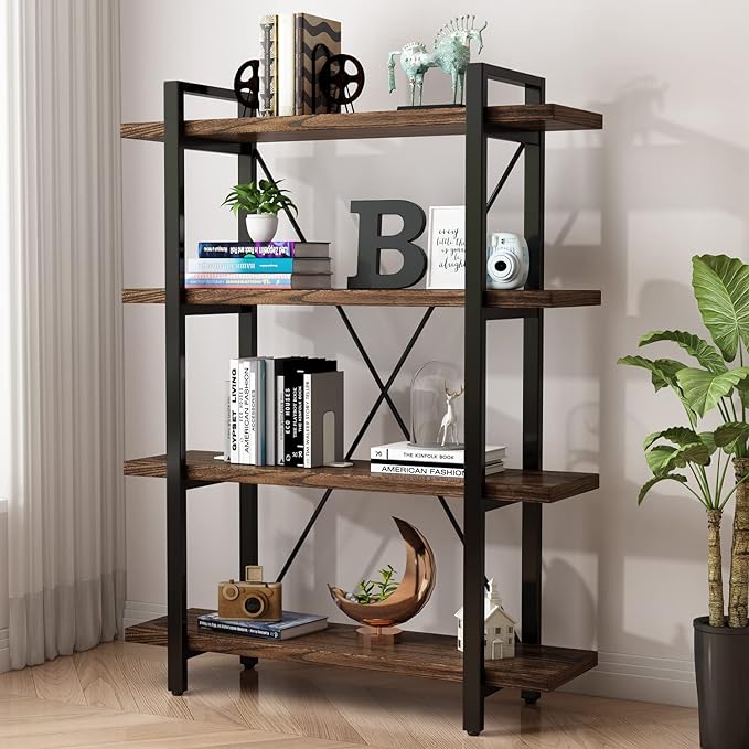 4 Tier Bookshelf Solid Wood Bookcase and Book Shelves Wood and Metal Shelving Rustic Open Bookshelf Office,Distressed Brown (AY-02-4Tier)-Ruum Studio Home