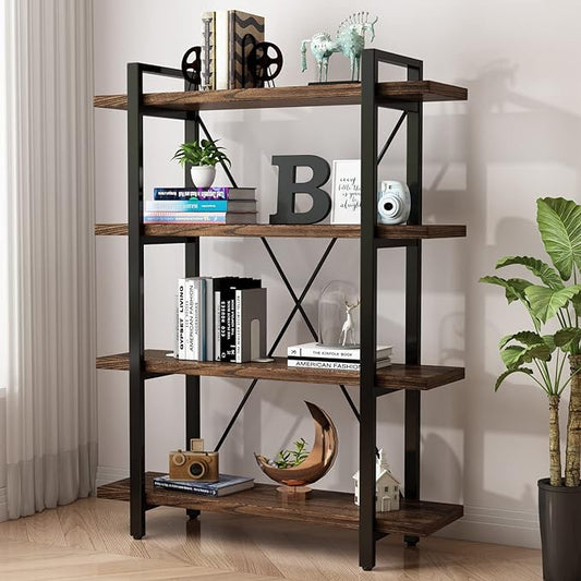 4 Tier Bookshelf Solid Wood Bookcase and Book Shelves Wood and Metal Shelving Rustic Open Bookshelf Office,Distressed Brown (AY-02-4Tier)-Ruum Studio Home