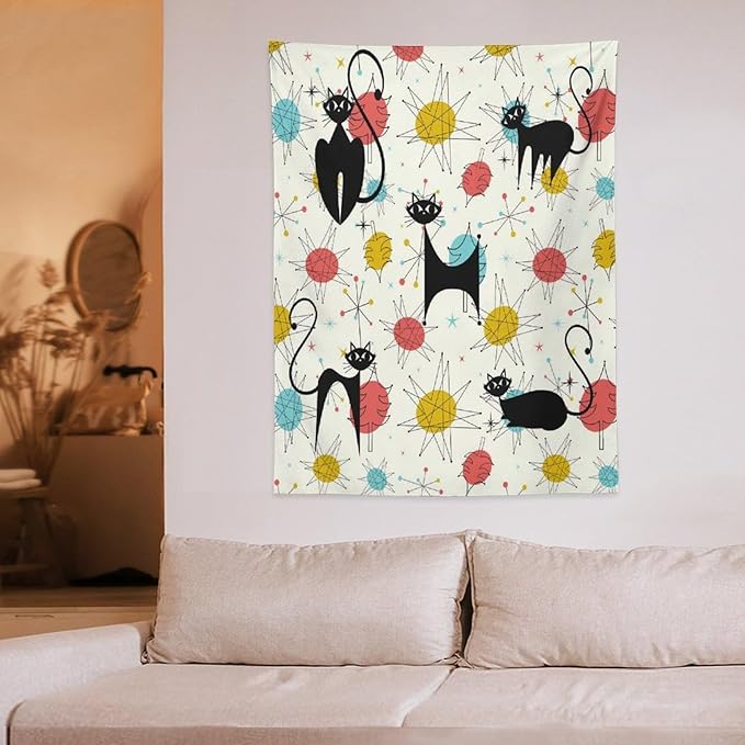 ICMOLYYENLO Abstract Cat Tapestry, Medieval Abstract Atomic Star Cat Vintage Home Wall Hanging Art Tapestry for Bedroom Living Room Dormitory 50x60 Inch-Ruum Studio Home