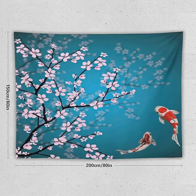 Houselerax Japanese Koi Fish Tapestry, Cherry Blossoms Asian Oriental Green Teal Flower Branch Koi Fish Carp Tapestries Wall Hanging for Bedroom Living Room Office Decor 80"x60"-Ruum Studio Home