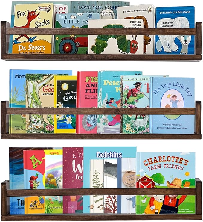 AZSKY Nursery Book Shelves 24 in Set of 3 Walnut Floating Bookshelf for Kids Room Wall Mounted Floating Shelves Solid Nursery Bookshelf Perfect Decor for Kitchen Bedroom Living Room-Ruum Studio Home